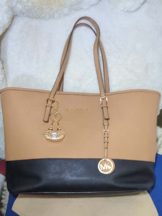 Michael Kors Handbags - Michael Kors Tan and Black Colorblock Leather Tote with Gold Accents $95